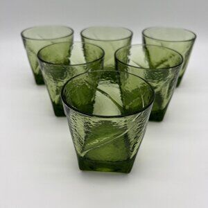 Vintage MCM Hazel-Atlas Pebblestone Green Flat Juice Whiskey Glasses - Set of 6